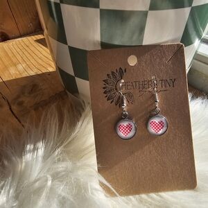 Pink And Red Checker Heart Earrings